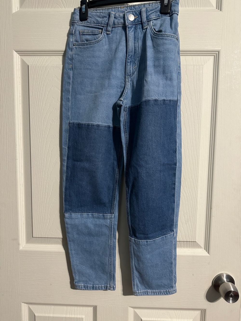 H&M Men's Patchwork Slim Straight Jeans in Light and Dark Blue